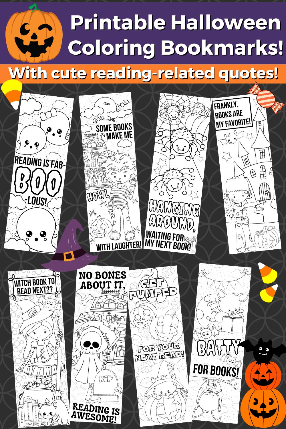 Shows 8 different coloring bookmarks. Text states: Printable Halloween Coloring Bookmarks with cute reading-related quotes!