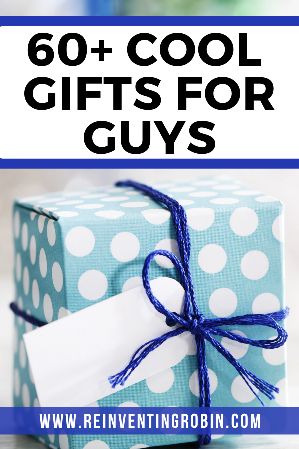60+ Cool Gifts for Guys text in front of a square present.