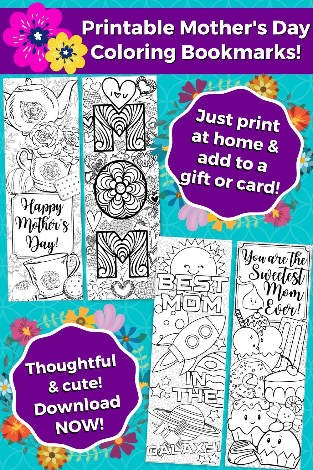 Printable Mother's Day Coloring Bookmarks! Just print at home & add to a gift or card! Download now!