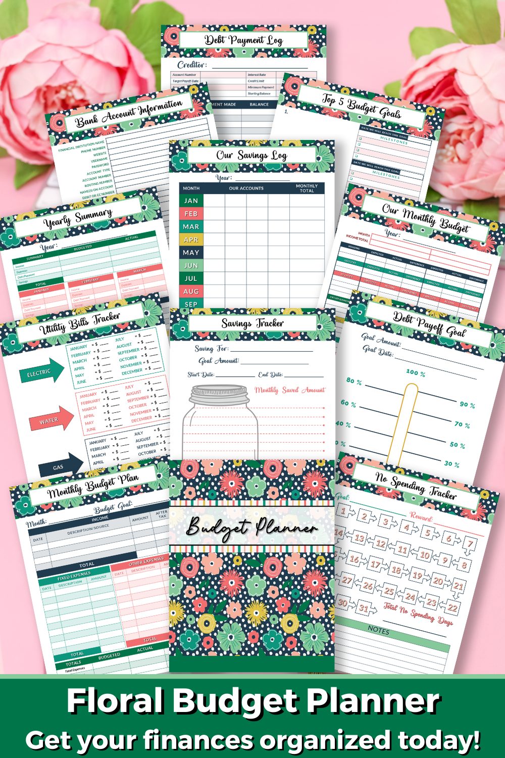 Printable Floral Budget Planner pages showing the different things inside the budget planner.