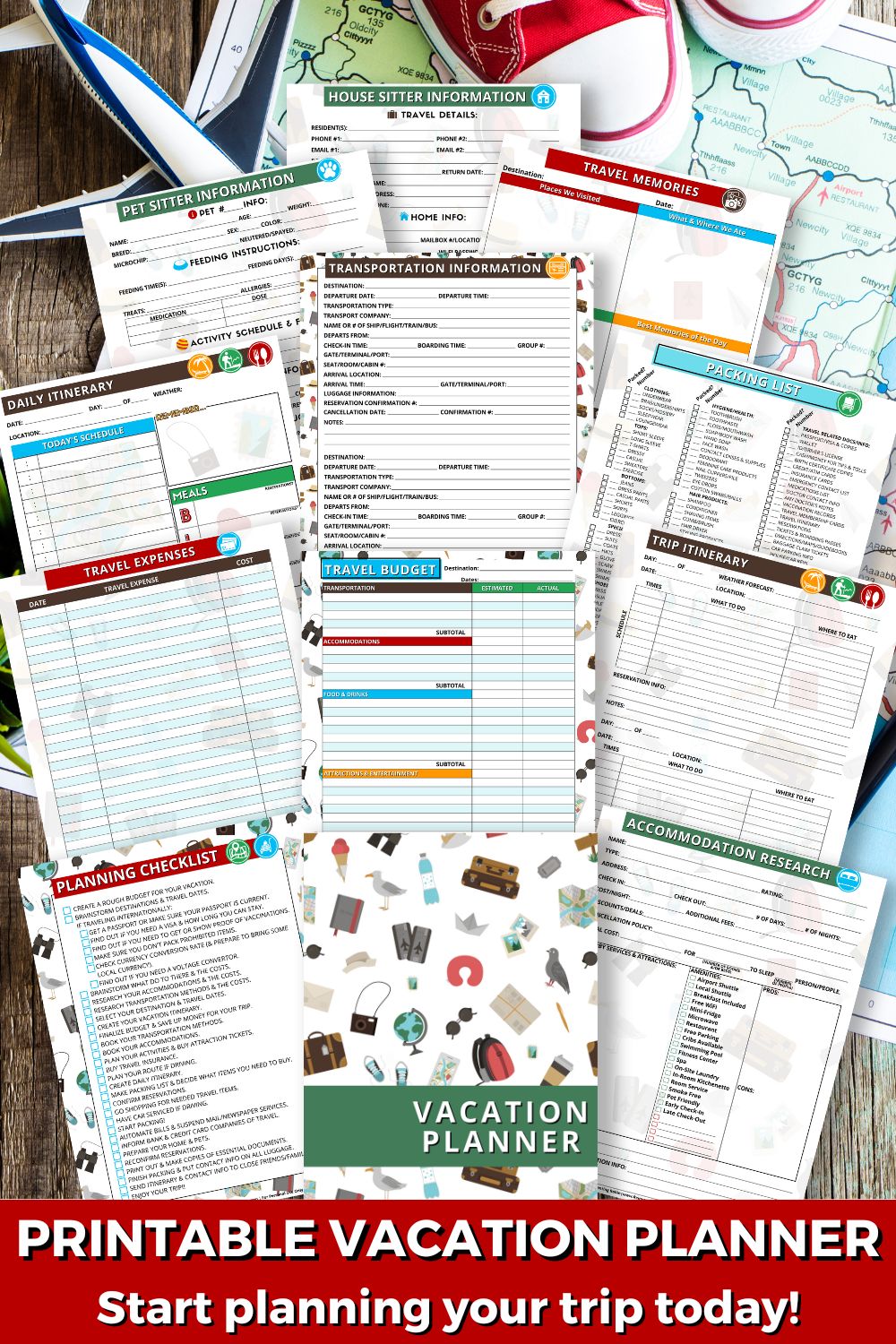 Printable pages from the vacation/travel planner are shown, along with a map and an airplane. Perfect for planning your next family vacation. Text says printable vacation planner, start planning your trip today!